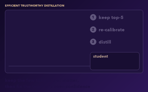 FIRST: keep the teacher's top-5 tokens, re-calibrate its over-confidence with temperature scaling, and distill a student that is confident when right and unsure when wrong